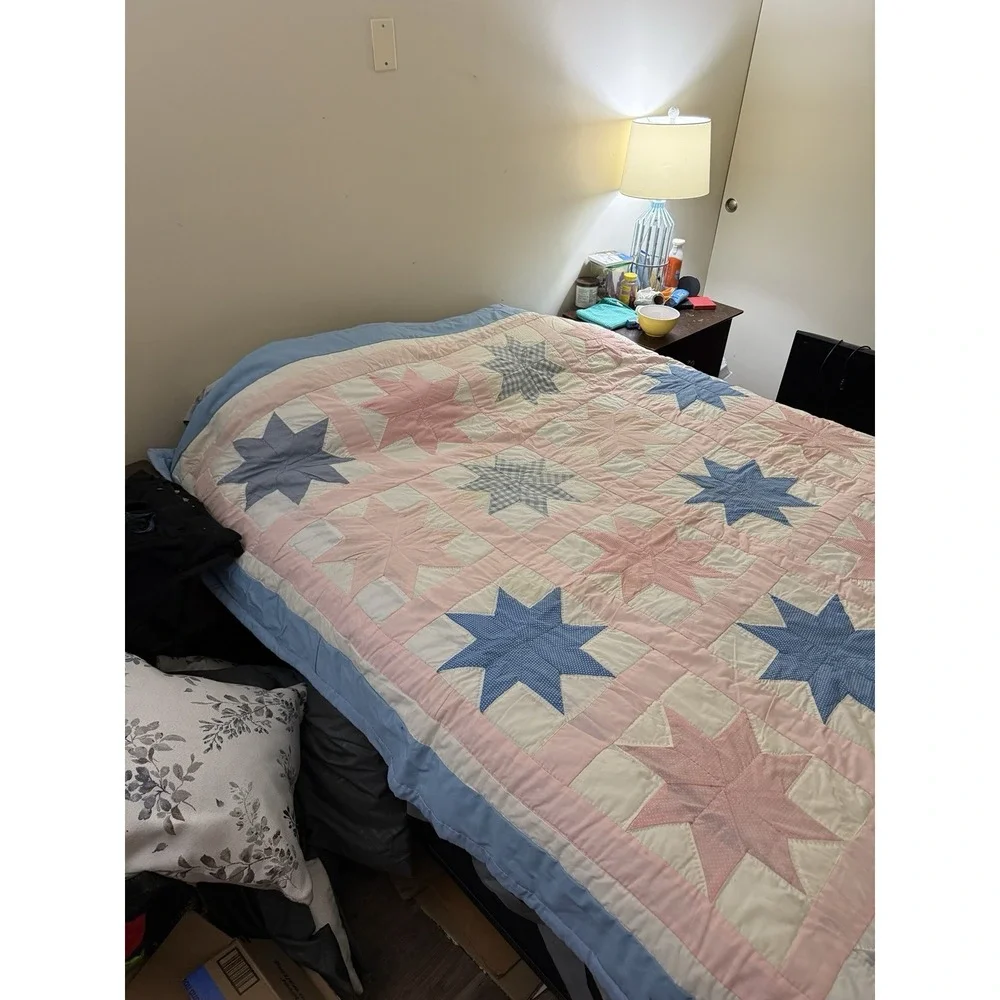 Vintage Eight Point Star Handmaid Pieced Hand Quilted Blue & Pink Patchwork